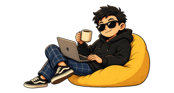 Ilustrasi Teguh memakai kacamata hitam sambil membawa laptop